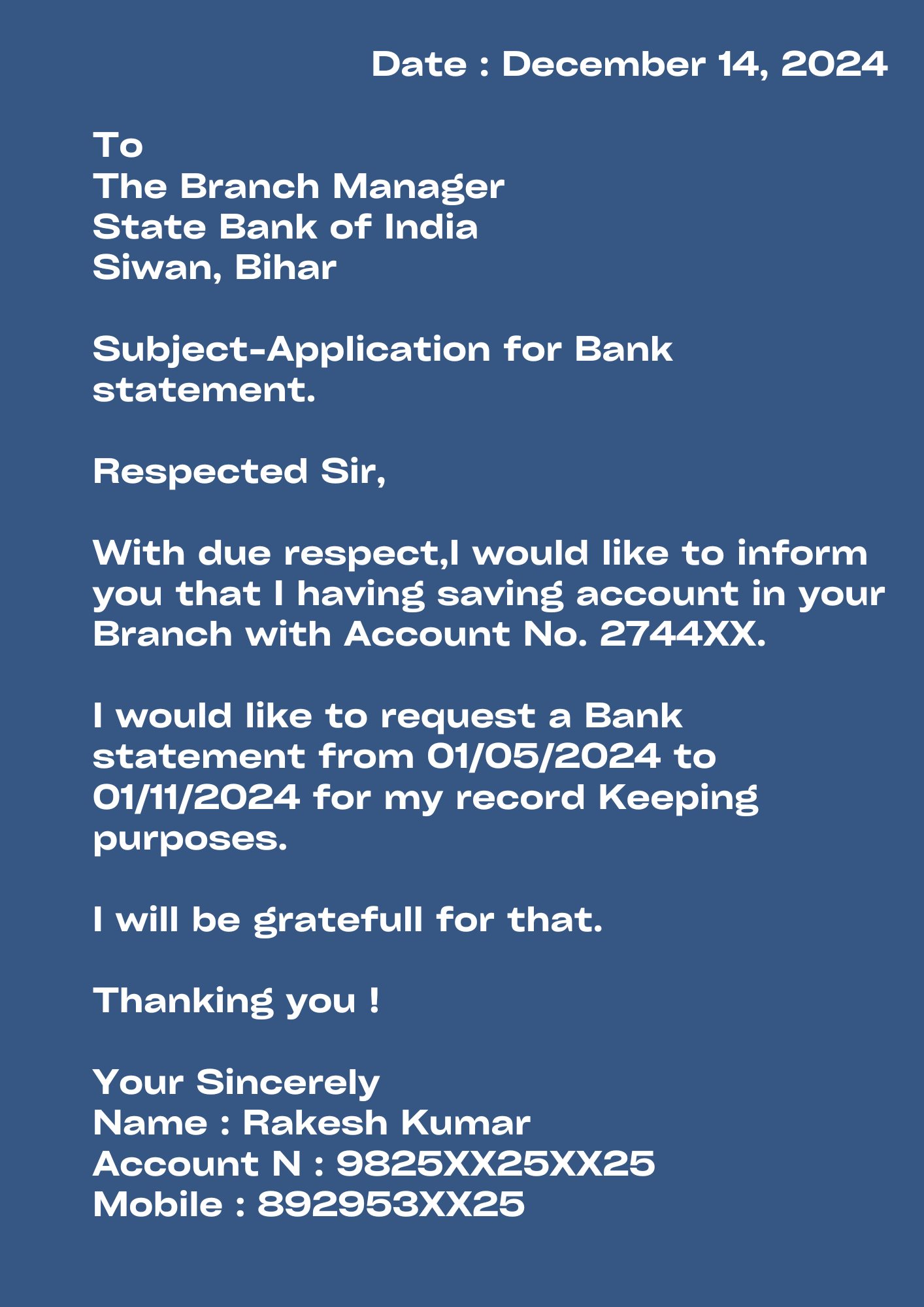 Application for Bank Statement