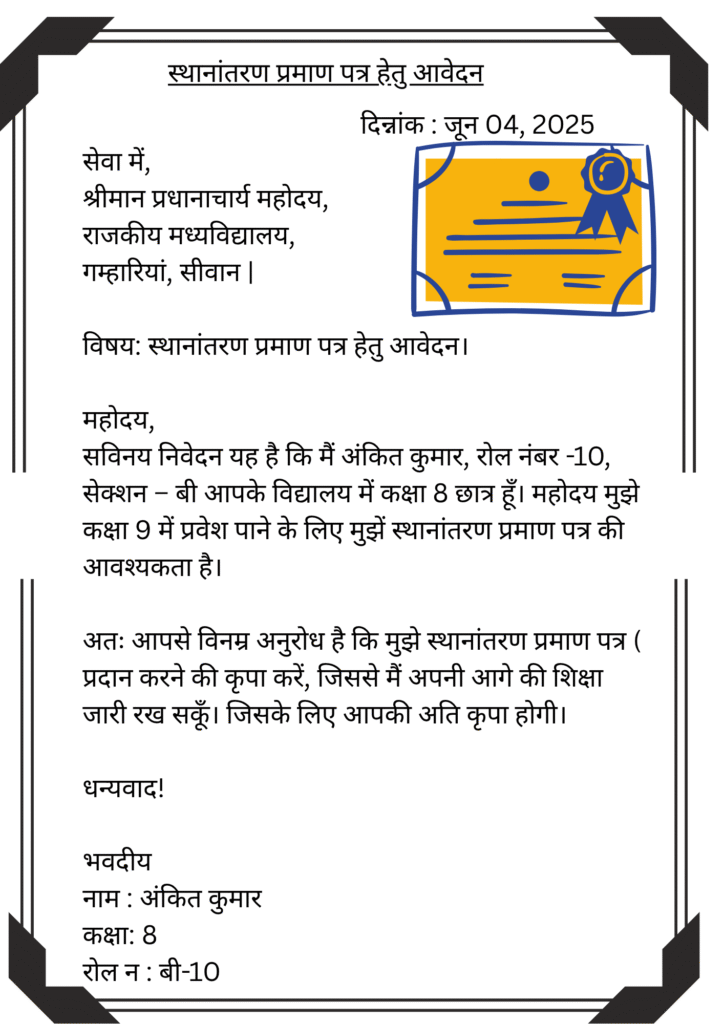 TC lene ke liye Application in Hindi कक्षा 8 की टीसी की एप्लीकेशन